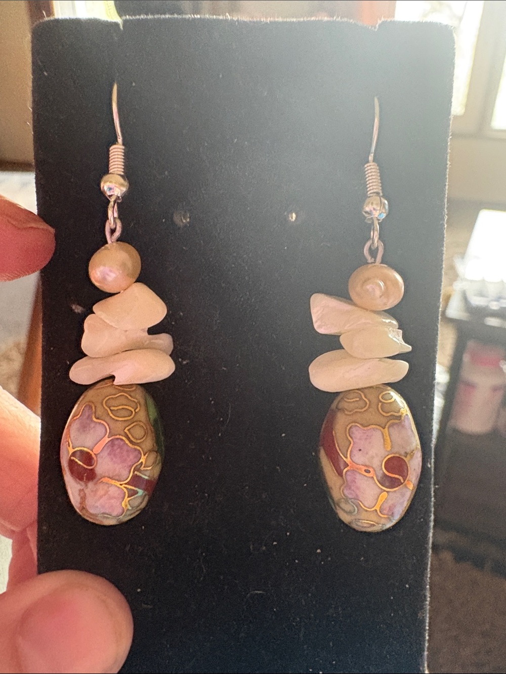 Hand Crafted Pink and Gold Floral Cloisonné and Pearl Pendant Drop Earrings